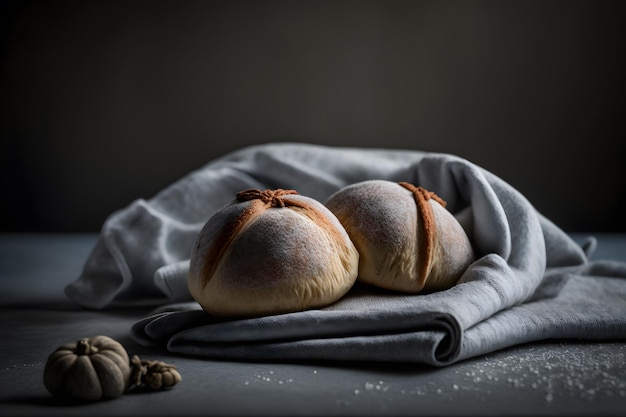 Ein Laib Brot auf einem blauen Tuch mit grauem Hintergrund.