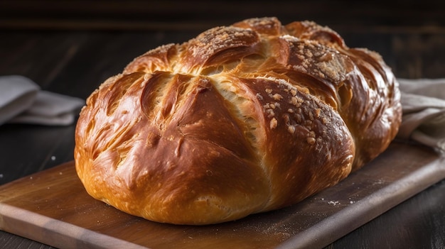 Ein Laib Brot auf einem Holztablett