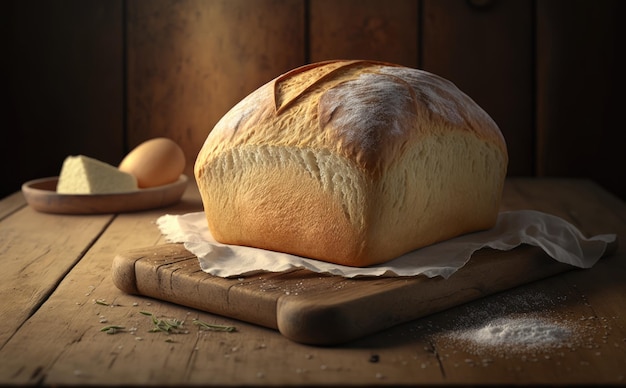 Ein Laib Brot auf einem Tisch mit einem weißen Handtuch. handgemachtes Brot. ai generiert