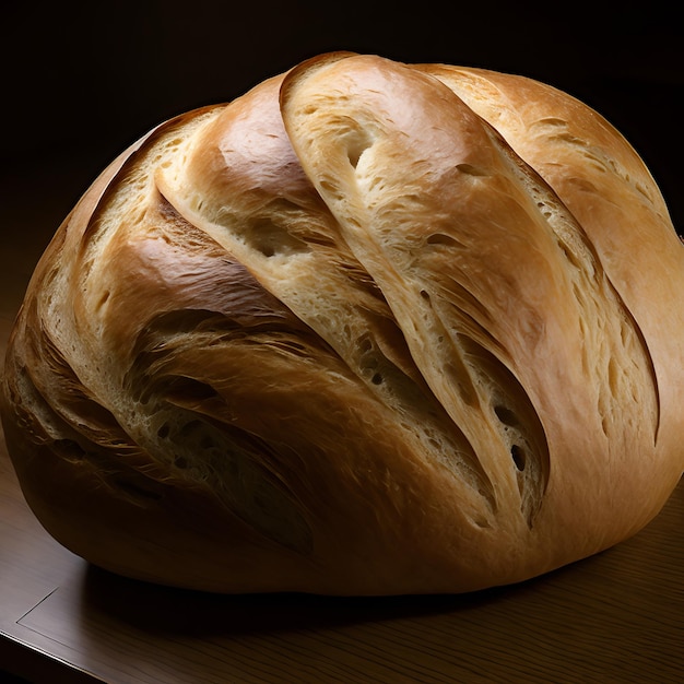 Ein Laib Brot liegt auf einem Tisch mit dunklem Hintergrund