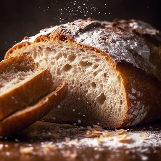 Ein Laib Brot liegt auf einem Tisch mit schwarzem Hintergrund.