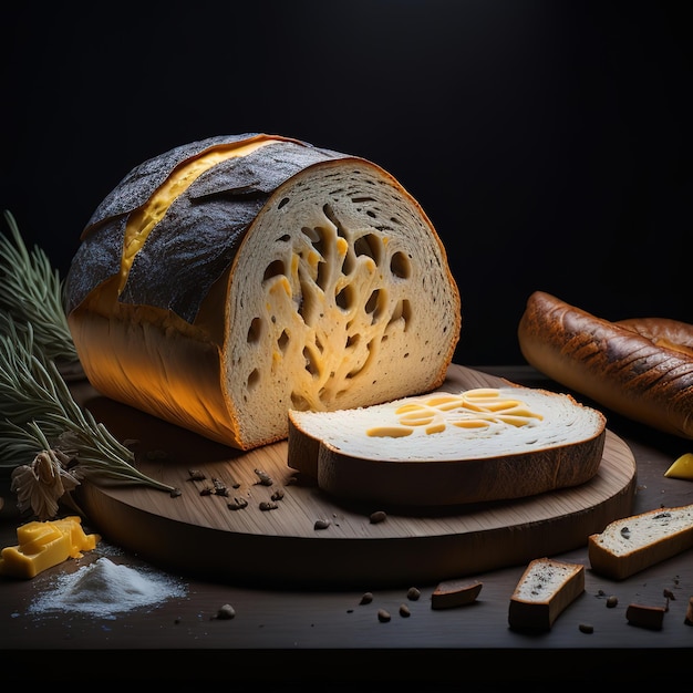 Ein Laib Brot mit Käse darauf und eine Scheibe Käse auf dem Tisch.