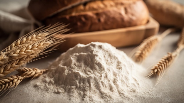 Ein Laib Brot mit Mehl im Hintergrund