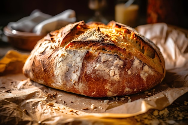 Ein Laib knuspriges und aromatisches Sauerteigbrot mit Knoblauch und Kräutern Generative AI