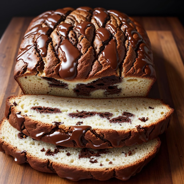 Ein Laib Schokoladenbrot mit einer herausgeschnittenen Scheibe.