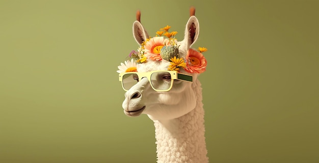 Ein Lama mit Blumenkrone und Sonnenbrille