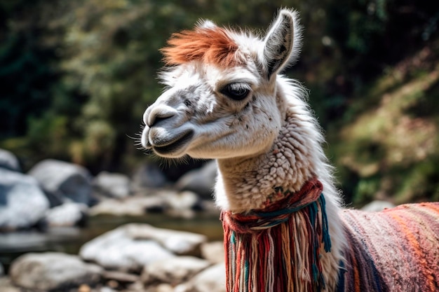 Ein Lama mit einem Schal um den Hals steht vor einem Fluss.