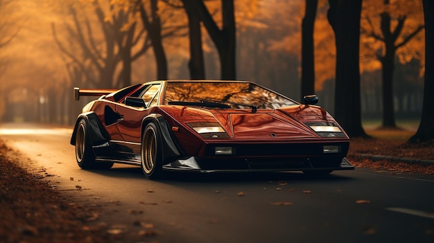 Ein Lamborghini-Countach auf der Straße bei Sonnenuntergang