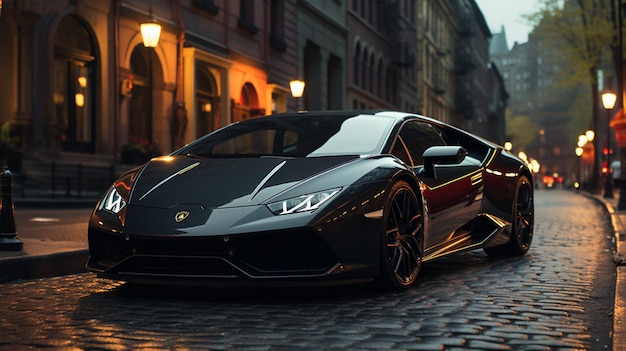 Ein Lamborghini Huracan steht auf einer dunklen Straße in einer Stadt