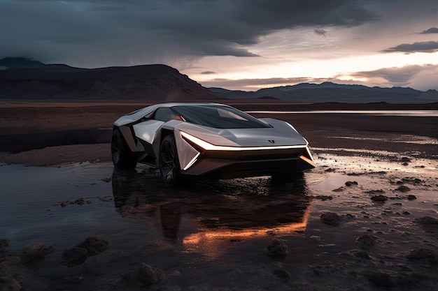 Ein Lamborghini-Konzeptwagen, das in einer Wüste geparkt ist