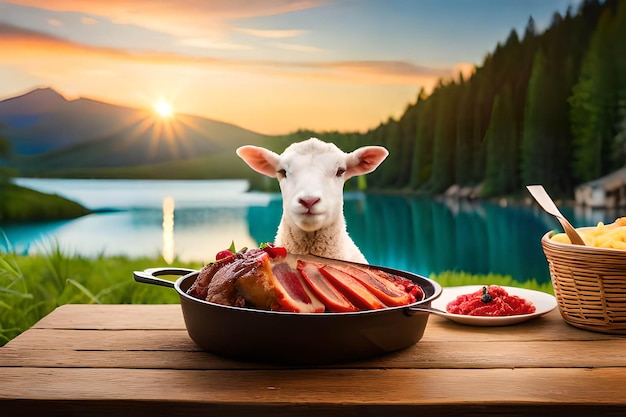 Ein Lamm blickt auf einen Bräter mit einem Teller Fleisch darauf
