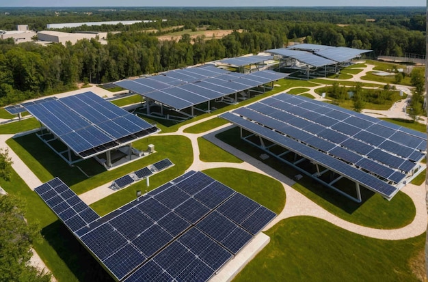 Ein landschaftlicher Blick auf einen grünen Solarpark mit großen Solaranlagen