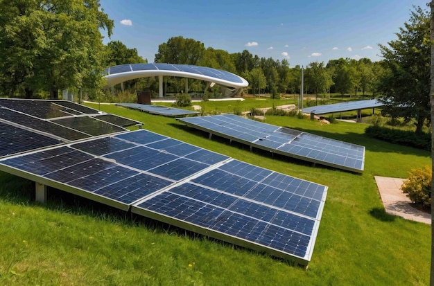 Ein landschaftlicher Blick auf einen grünen Solarpark mit großen Solaranlagen
