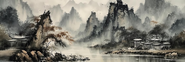 Ein Landschaftsgemälde im traditionellen chinesischen Stil mit Tusche, das Berge und einen Fluss darstellt. Das Gemälde fängt die Essenz des Genres ein und ruft ein Gefühl der Ruhe hervor. Generative KI