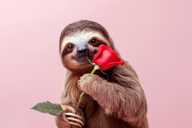 Foto ein landtier, ein faulschlamm, hält eine rote rose im mund am valentinstag