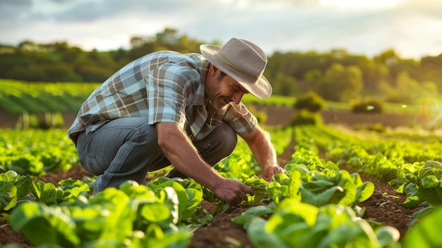 Foto ein landwirt, der ökologische landwirtschaftsmethoden auf einem gemüsefeld anwendet