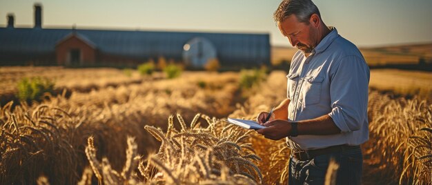 Ein Landwirt inspiziert die Ernte, während er in einem Weizenfeld mit einer Mappe in den Händen steht, so ein Landwirtschaftsingenieur bei der Feldinspektion