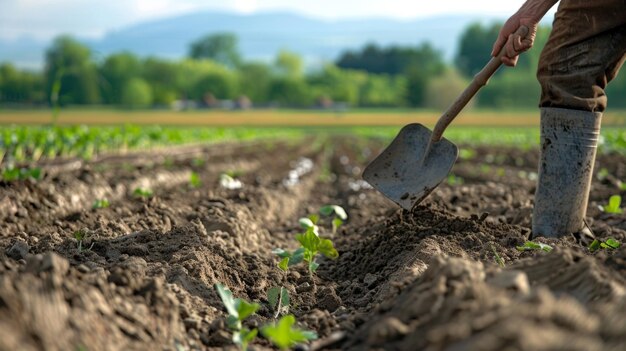 Ein Landwirt untersucht mit einer Schaufel die Bodenqualität auf einem Feld, auf dem Biokraftstoffpflanzen angebaut werden