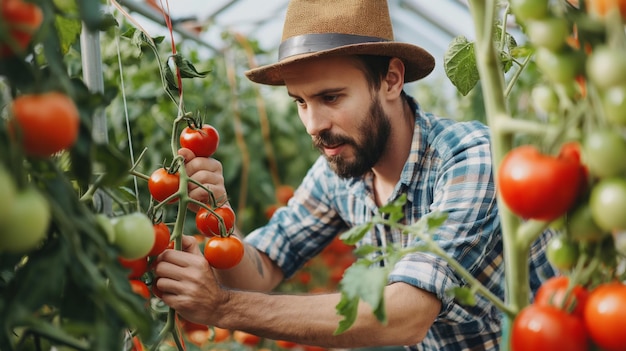 Ein Landwirt untersucht reife Tomaten in einem Gewächshaus