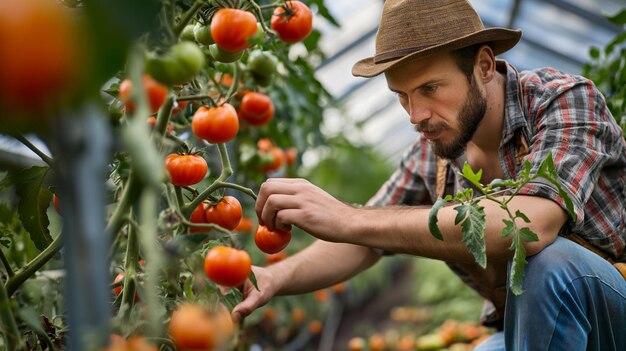 Ein Landwirt untersucht reife Tomaten in einem Gewächshaus