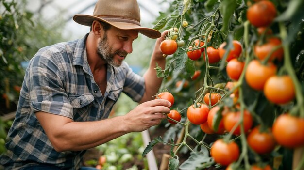 Ein Landwirt untersucht reife Tomaten in einem Gewächshaus