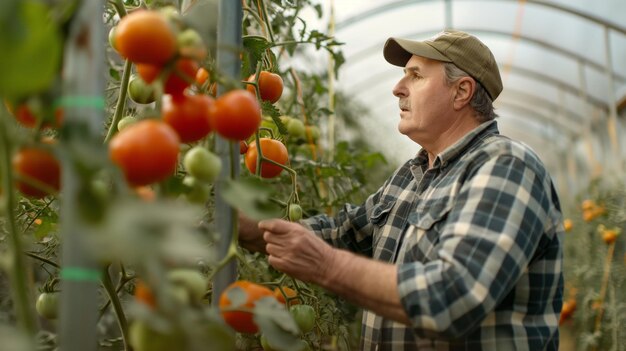 Ein Landwirt untersucht reife Tomaten in einem Gewächshaus