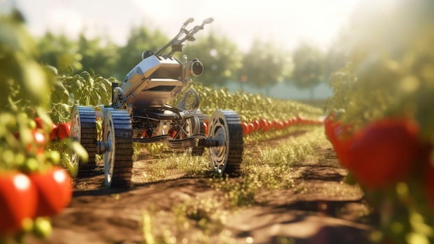 Ein landwirtschaftlicher Roboter erntet Tomaten auf einem Feld. Ernteroboter mit automatischer Erkennung der Reife von Pflanzen. Das Konzept einer intelligenten landwirtschaftlichen Farm. Generative KI