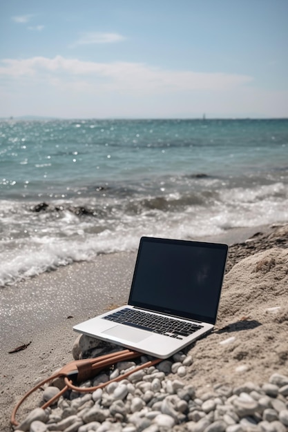 Foto ein laptop am strand mit einem strand im hintergrund