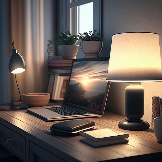 Ein Laptop auf einem Schreibtisch mit einer Lampe auf dem Tisch.