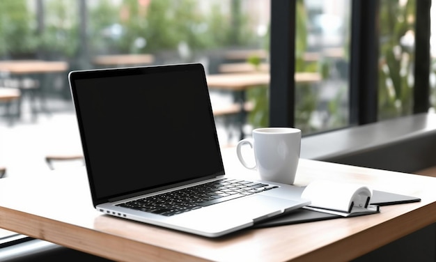 Ein Laptop auf einem Schreibtisch mit einer Tasse Kaffee darauf