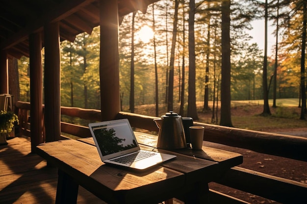 Ein Laptop auf einem Tisch in einem Wald, dahinter die untergehende Sonne.