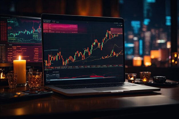 Ein Laptop-Bildschirm zeigt Echtzeit-Forex-Charts mit Kerzenmustern und Preisbewegungen an