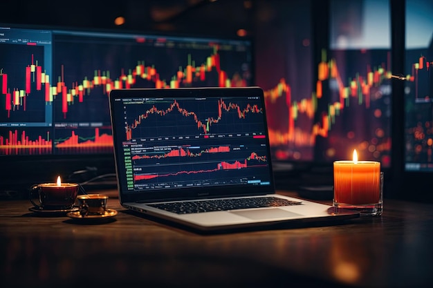 Ein Laptop-Bildschirm zeigt Echtzeit-Forex-Charts mit Kerzenmustern und Preisbewegungen an