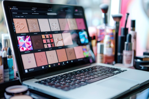 Foto ein laptop-bildschirm zeigt einen online-shop39s-einkaufswagen, der mit verschiedenen make-up-produkten gefüllt ist