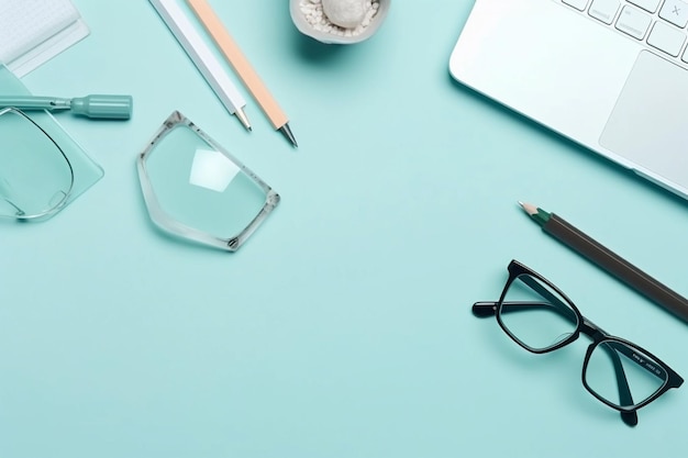 Ein Laptop, Bleistifte, eine Brille und ein Laptop auf blauem Hintergrund