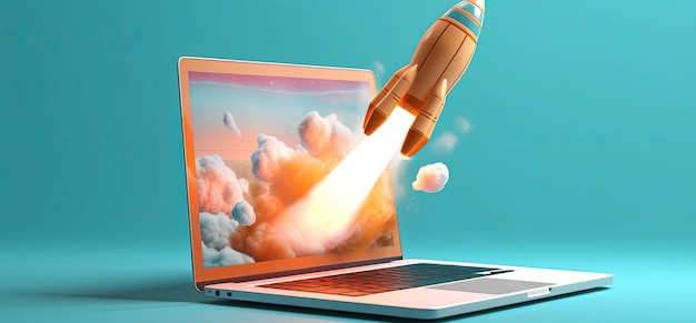 ein Laptop mit einem Raketenschiff, das über einem blau-weißen Hintergrund schwebt