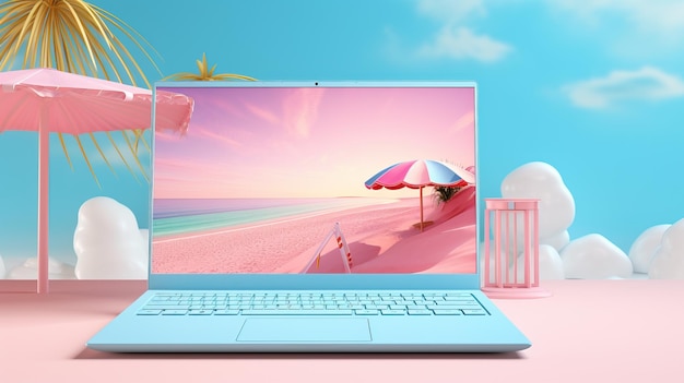 Ein Laptop mit einem rosa Strand und einem Sonnenschirm auf dem Bildschirm