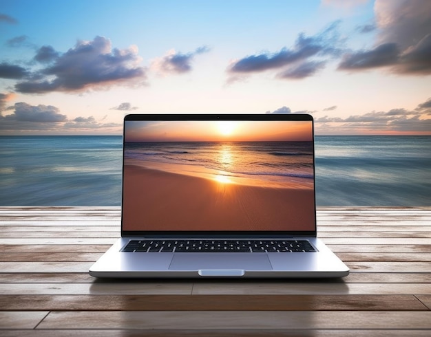 Ein Laptop mit einem Sonnenuntergang auf dem Bildschirm ist geöffnet und der Strand liegt auf einem Holztisch.