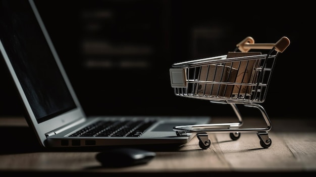 Ein Laptop mit einem Wagen voller Brot darauf