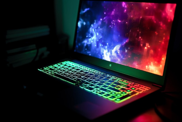 Ein Laptop mit einer bunten Tastatur, auf der „HP“ steht