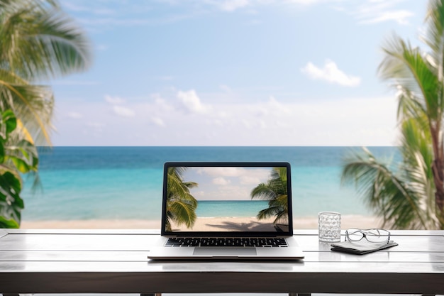 Ein Laptop mit einer Palme im Hintergrund und einer Strandszene im Hintergrund.