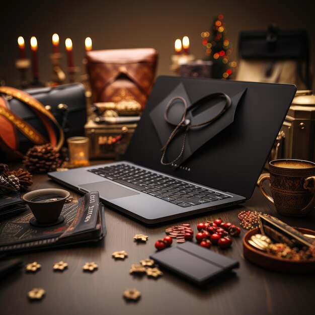 ein Laptop mit einer schwarzen Tasche auf dem Tisch und einer Schachtel Pralinen.