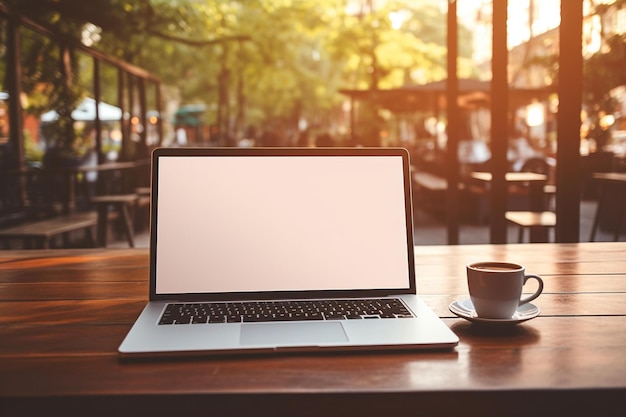 Ein Laptop mit einer Tasse Kaffee und einer Tasse Kaffee auf einem Tisch.