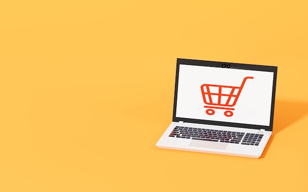 Ein Laptop mit Einkaufswagensymbol auf gelbem Hintergrund, 3D-Darstellung