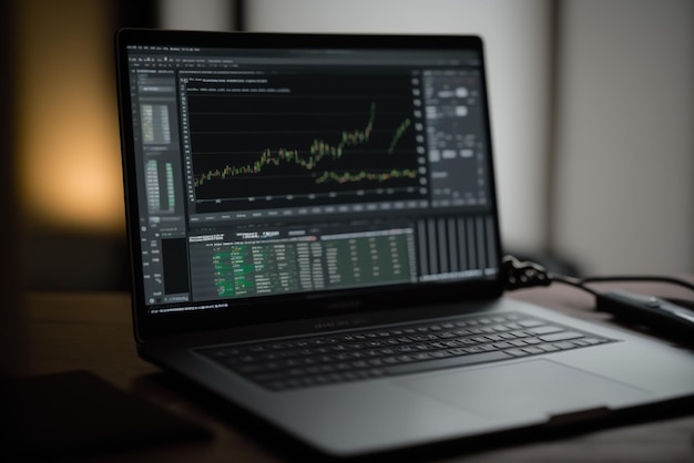 Ein Laptop mit Finanzdiagrammen auf dem Bildschirm, die Finanzanalysen und -planungen darstellen