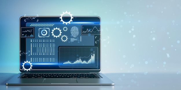 Ein Laptop mit futuristischer Schnittstelle Grafik auf dem Bildschirm blaue digitale Illustration auf einem hellen Hintergrund Konzept der fortschrittlichen Technologie 3D-Rendering