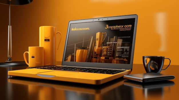 Ein Laptop mit orange-gelbem Text darauf und einer von mehreren Laptops im zeitgenössischen Stil