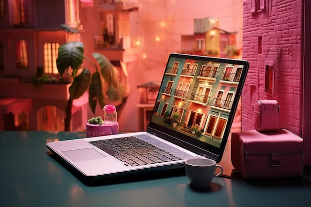 Ein Laptop mit rosa Hintergrund und einer Tasse Kaffee und einer rosa Schachtel.