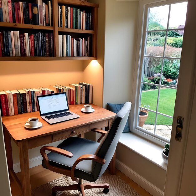 ein Laptop sitzt auf einem Schreibtisch mit einem Fenster im Hintergrund