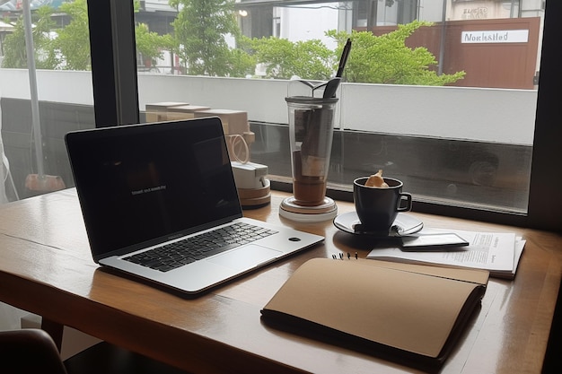 Ein Laptop steht auf einem Schreibtisch neben einer Tasse Kaffee.